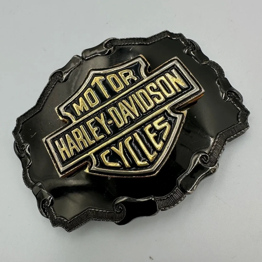 Vintage Harley-Davidson Belt Buckle OS Black Gold Bar Shield Logo Biker western